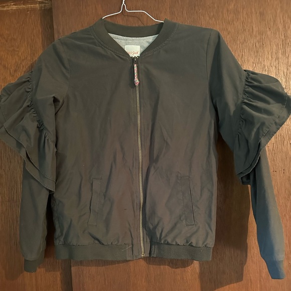 Olive Green Ruffle Sleeve Jacket - Picture 1 of 3